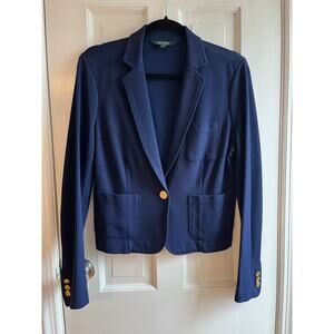 Lauren Ralph Lauren Navy Knit Blazer Gold Crest Button PM Petite Medium Soft EUC